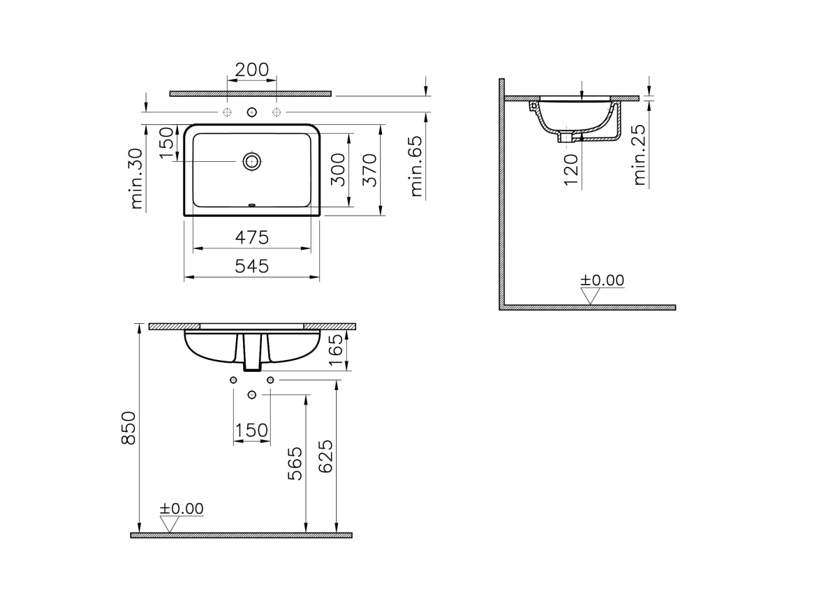 Встраиваемая снизу раковина VitrA S20 7475B003-0618, 55 x 37 см, прямоугольная, белая, антибактериальное покрытие Hygiene (Хайджн)