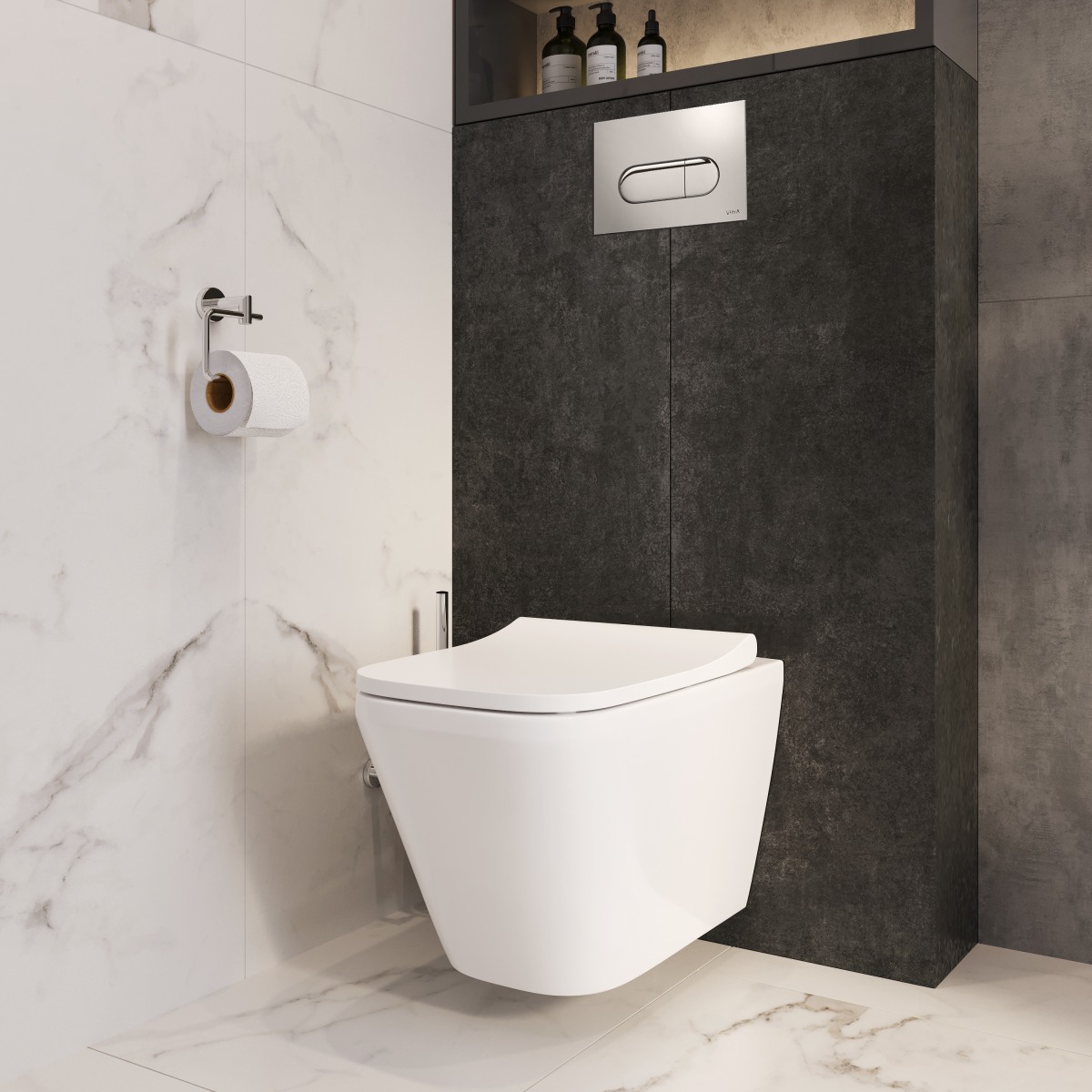 Инсталляция с унитазом VitrA Integra Square (Интегра Скуэр) 9856B003-7207 комплект 4 в 1 с сиденьем микролифт безободковый цвет клавиши глянцевый хром