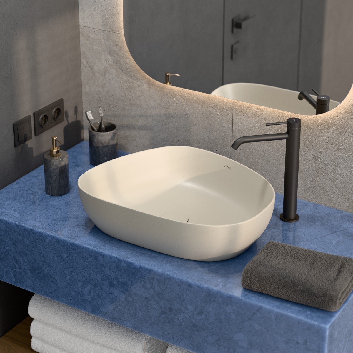 Раковина чаша VitrA Outline Recycled (Аутлайн Ресайклд) 7991B066-0016 57 x 45 см накладная матовая бежевая антибактериальное покрытие Hygiene (Хайджн)