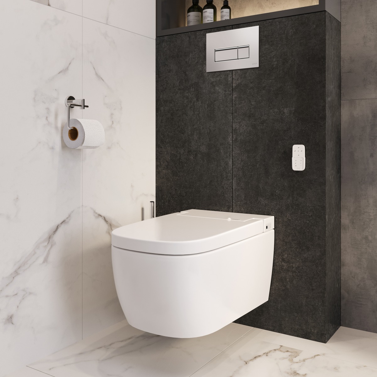 Умный унитаз VitrA V-Care (Ви-Кеар) 5674B003-6194, Comfort, подвесной, безободковый, Rim-ex (Рим-экс) с автоматическим сиденьем и бидеткой, белый, санитарный фарфор, антибактериальное покрытие Hygiene (Хайджн)