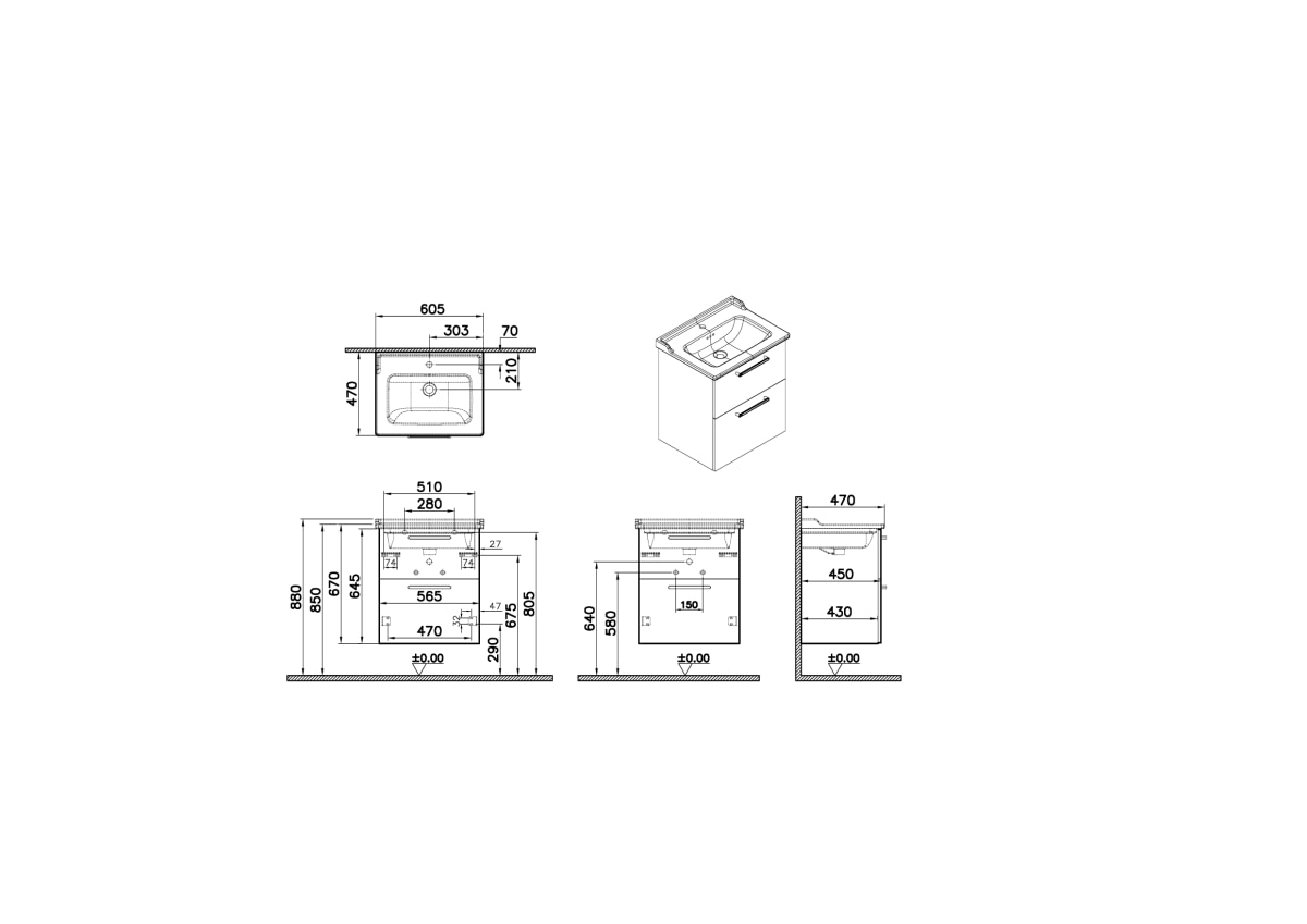 Тумба с раковиной для ванной VitrA Root Flat (Рут Флэт) 68279 60 см матовая серый камень МДФ
