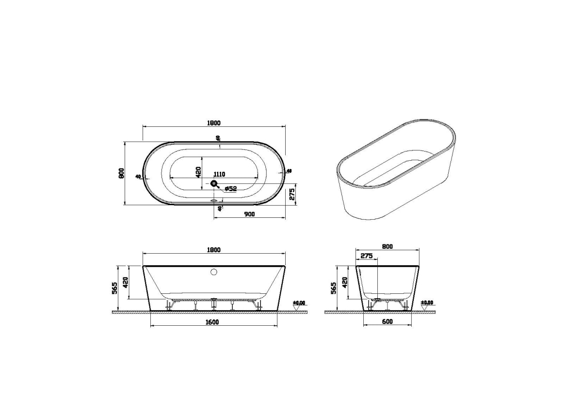 Ванна VitrA Geo (Гео) 65380006000 180 x 80,5 см отдельностоящая акриловая прямоугольная белая