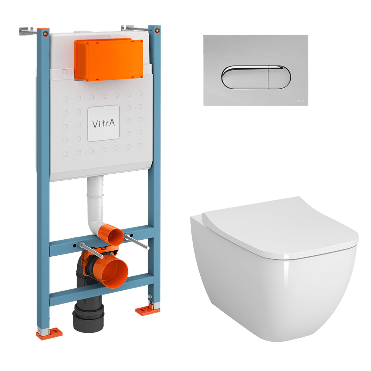Инсталляция с унитазом VitrA Shift (Шифт) 9855B003-7206 комплект 4 в 1 с сиденьем микролифт безободковый Rim-ex (Рим-экс) цвет клавиши хром