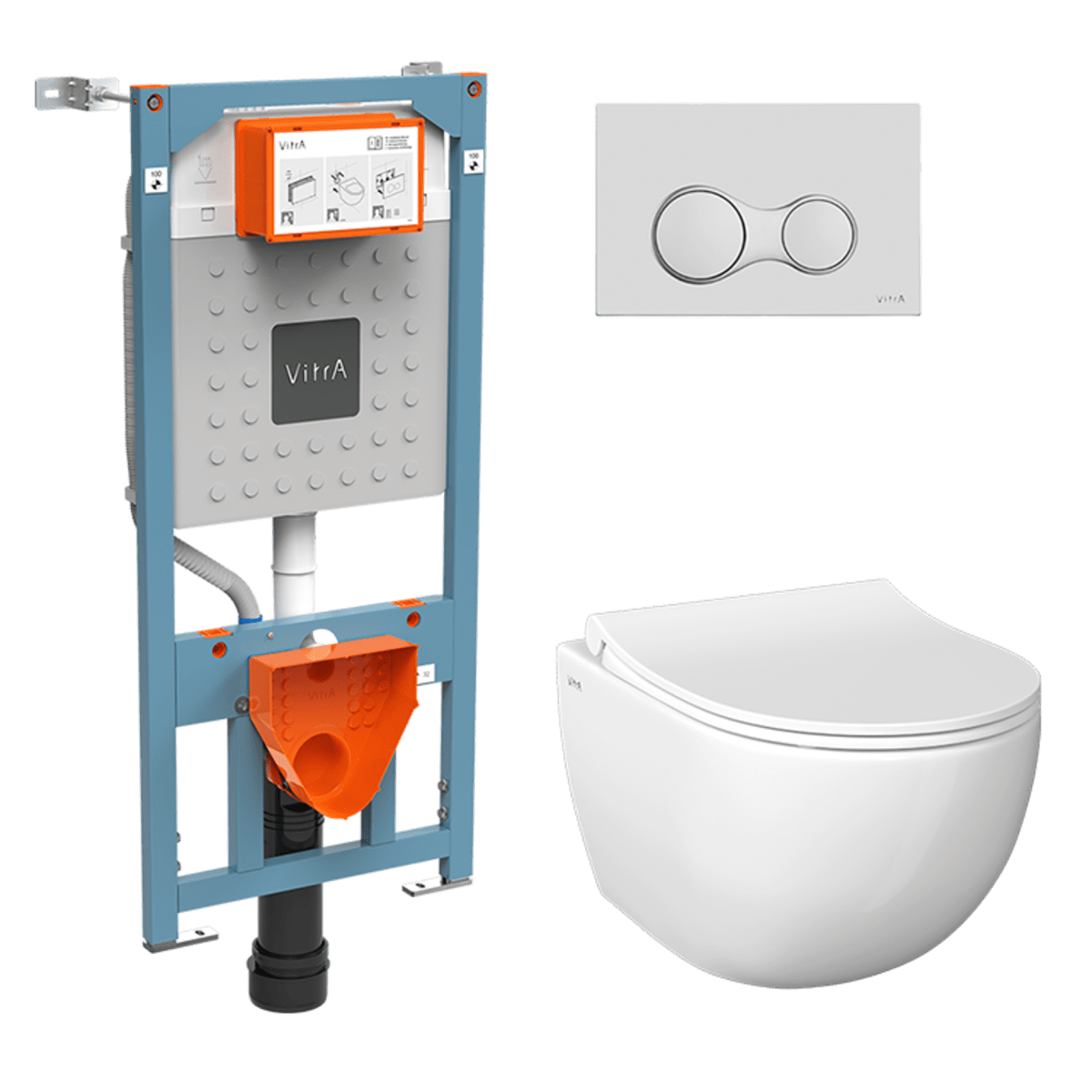 Инсталляция с унитазом VitrA Sento (Сенто) 9830B003-7207 комплект 4 в 1 с сиденьем микролифт безободковый цвет клавиши матовый хром