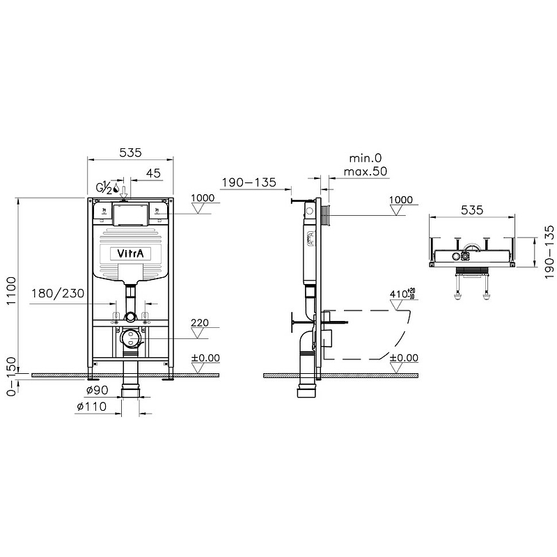 Комплект унитаза с инсталляцией Vitra Zentrum L-box 9012B003-7206 с сиденьем Микролифт и клавишей смыва Хром глянцевый