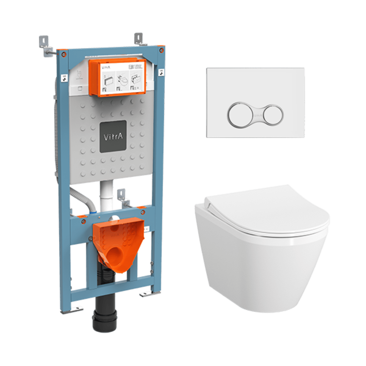 Инсталляция с унитазом VitrA Integra Round (Интегра Раунд) 9856B003-7205 комплект 4 в 1 с сиденьем микролифт безободковый цвет клавиши глянцевый хром