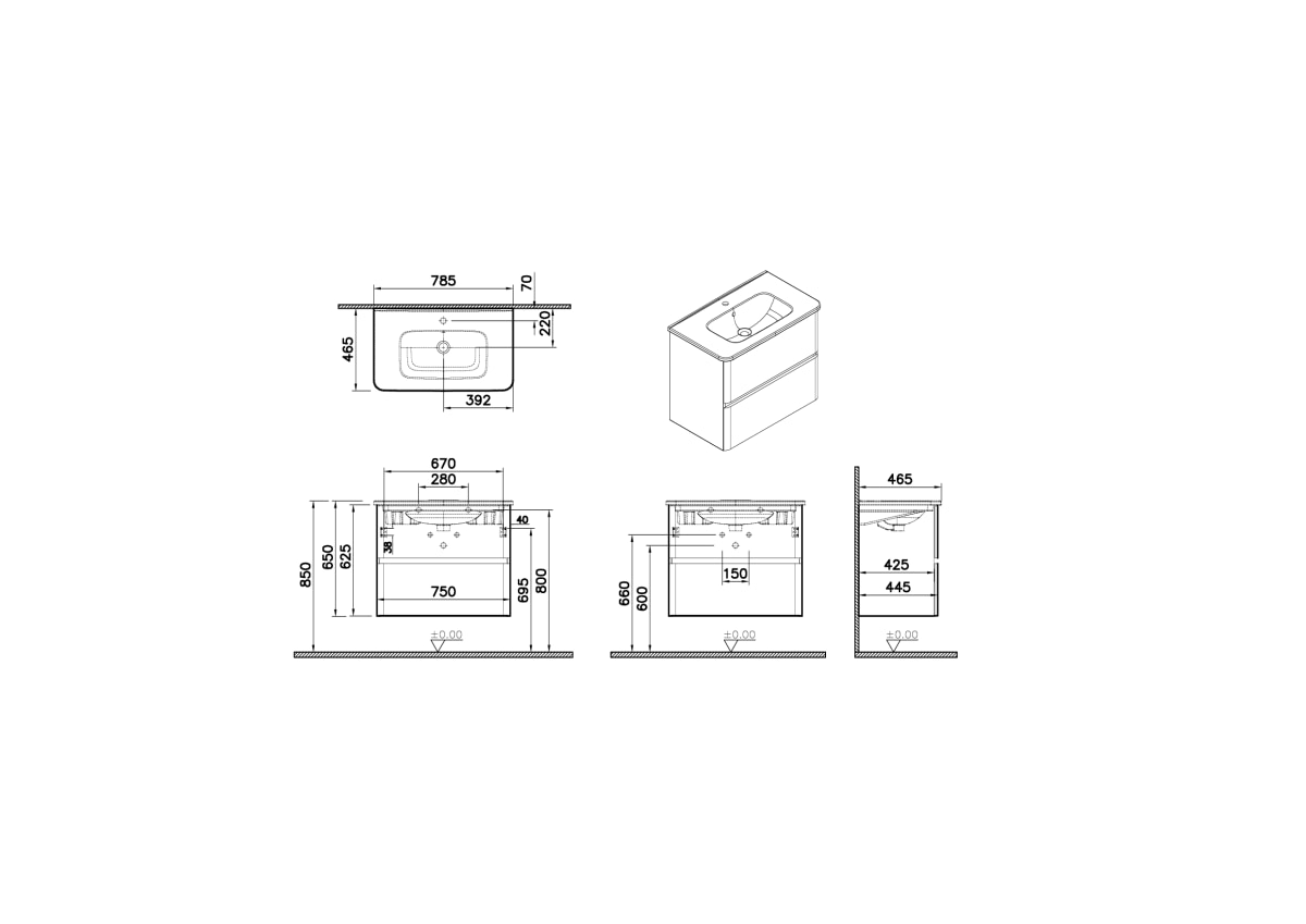 Тумба с раковиной для ванной VitrA Mia Plus Round (Мия Плюс Раунд) 69825 80 см золотой дуб ДСП