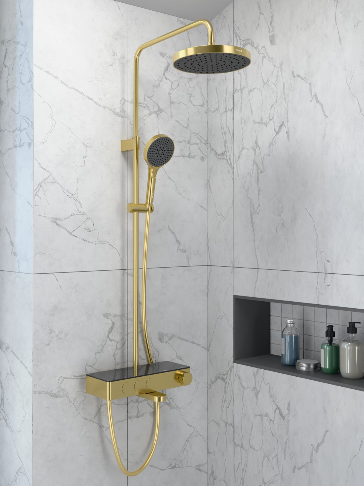 Душевая система VitrA Core Round (Кор Раунд) A4730925EXP с термостатическим смесителем и ручным душем брашированное золото