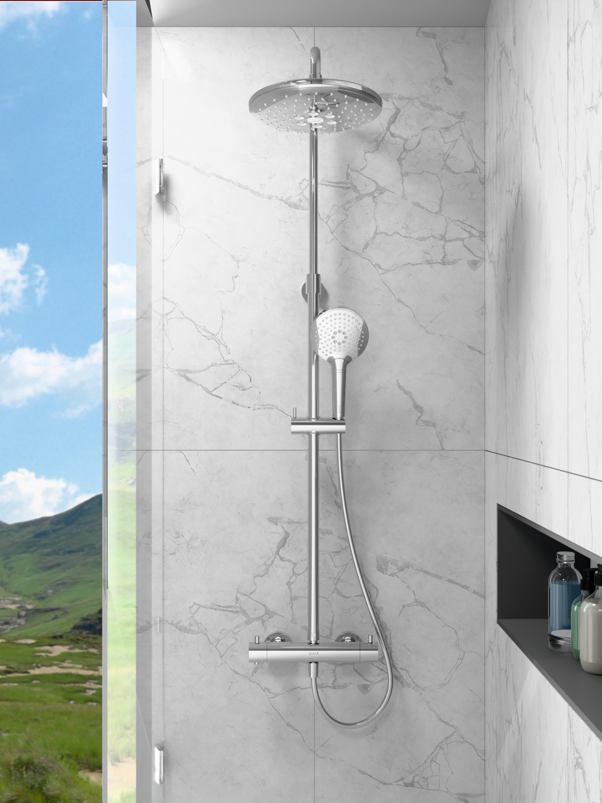 Душевая система VitrA Aquaheat (Аквахит) A47205EXP, с термостатическим смесителем и ручным душем, хром, латунь