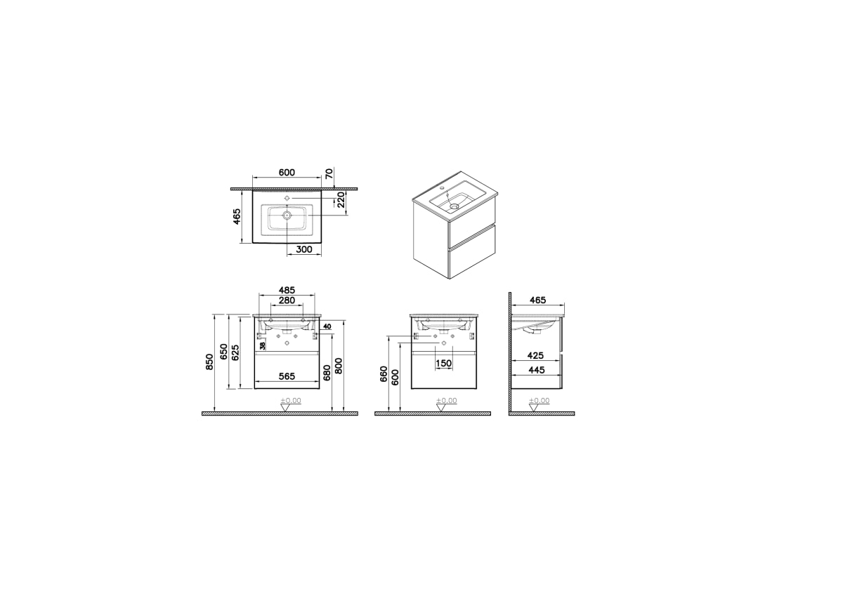 Тумба с раковиной для ванной VitrA Mia Plus Square (Мия Плюс Скуэр) 69729 60 см антрацит глянец МДФ