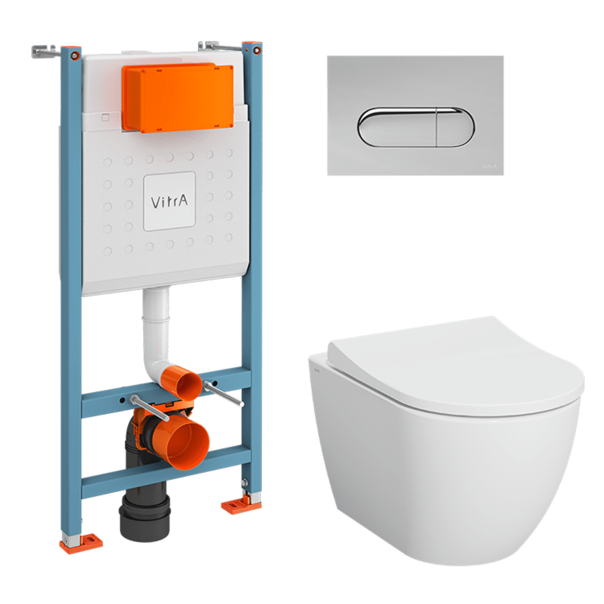 Инсталляция с унитазом VitrA Mia Round (Мия Раунд) 9873B003-7201 комплект 4 в 1 с сиденьем микролифт безободковый цвет клавиши глянцевый хром